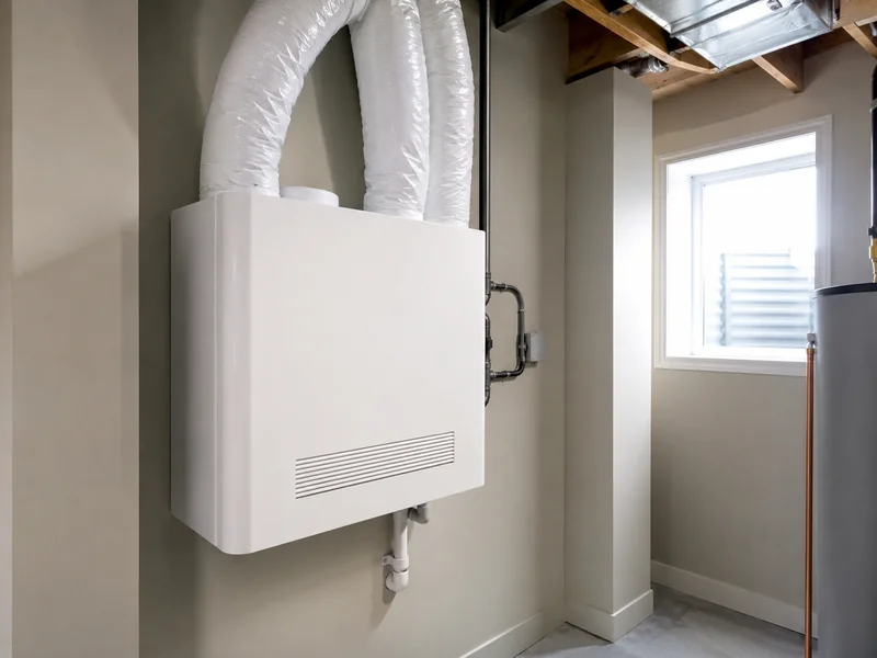 Heat recovery ventilator installed in a residential utility room